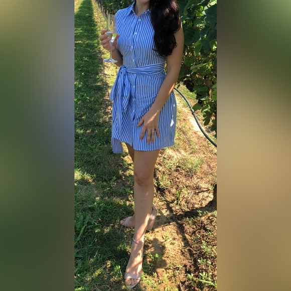 Blue and white striped sleeveless shirt dress with wrap around tie belt - Picture 4 of 7